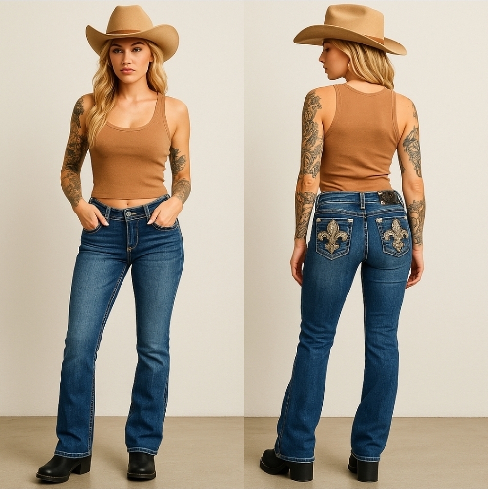 Miss Me Western Bling Low Rise Straight Jeans Sz 25 Rhinestone Fleur Pockets